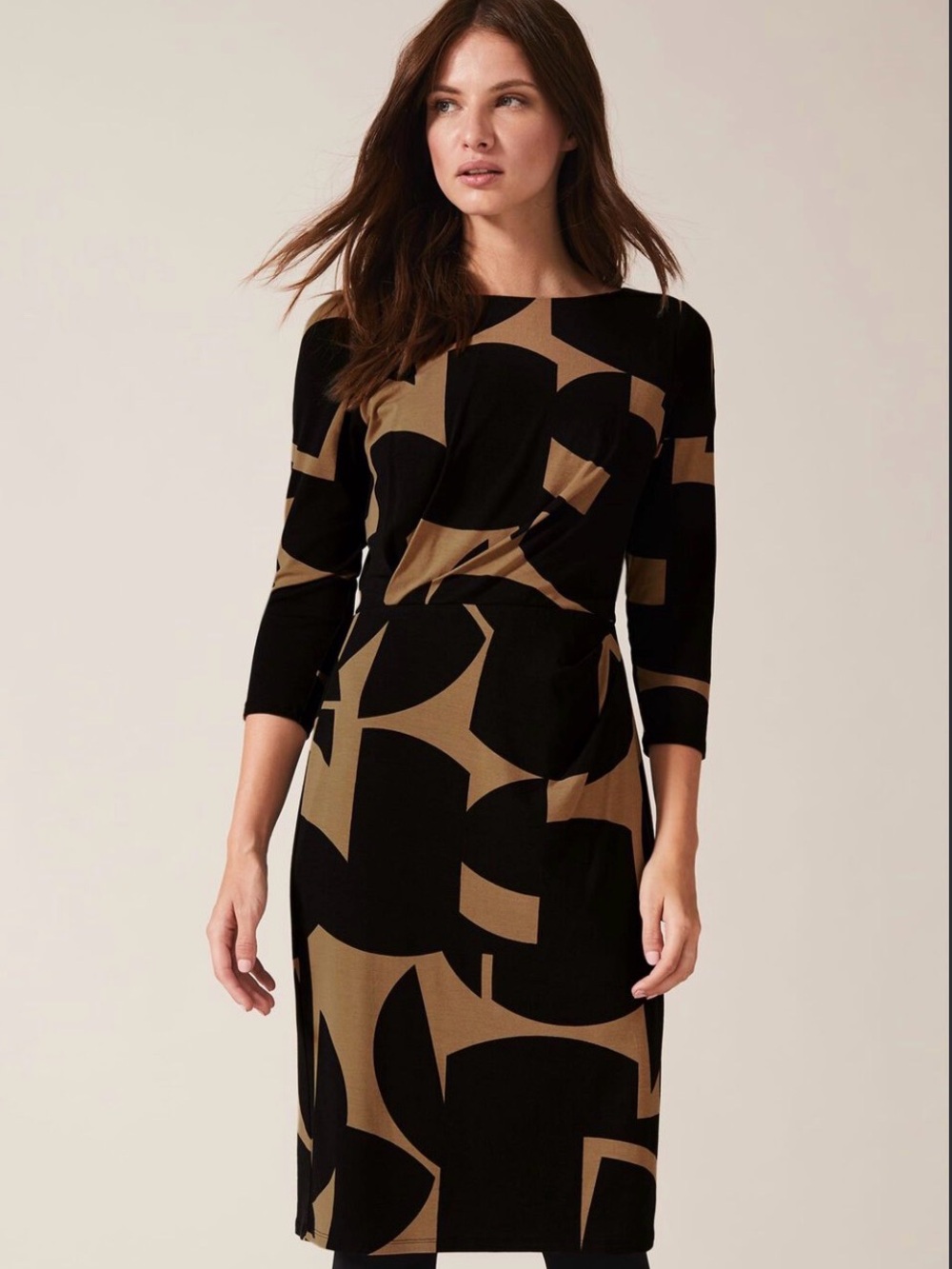 Phase Eight Gretchen Black and Tan Geometric Midi Dress with 3/4 Sleeves